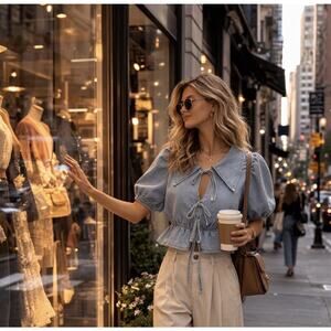 Blue SOFIA The Label Denim Tie Front Peplum Blouse Puff Sleeve Cottagecore Sz S